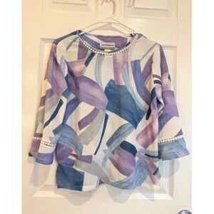 Alfred Dunner Petite Top Abstract Print‎ 3/4 Sleeve Embellished Neckline PS